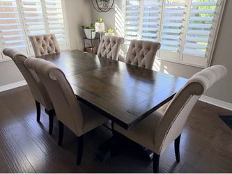 Dining Table Set – Solid Wood + 6 Upholstered Chairs