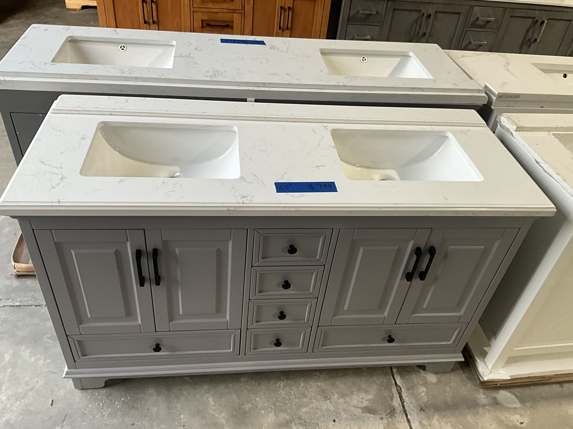 60” Bathroom Vanity in grey , double sink soft close solid wood with vanity top in white $799 Luke’s liquidations warehouse Address: 2434 N Forsyth