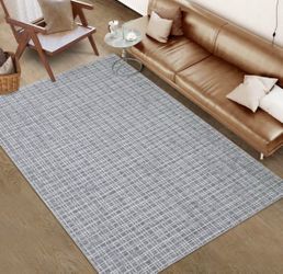10x13 HUGE Washable Nonslip Stain Resistant Low Pile Area Rug, Gray/White Modern Plaid, NEW