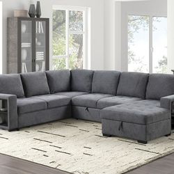 Brand New Dark  Gray  Sectional Sofa Storage Sleeper Built-in USB Charger 