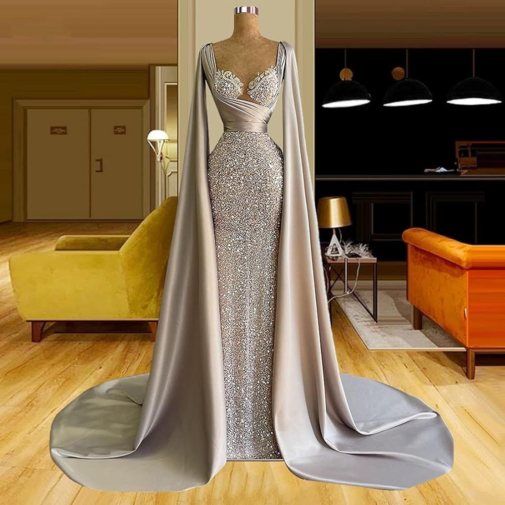 Gray Satin Beaded Mermaid Prom Party Shower Dress Evening Celebrity Pageant Robe Gown for Wedding