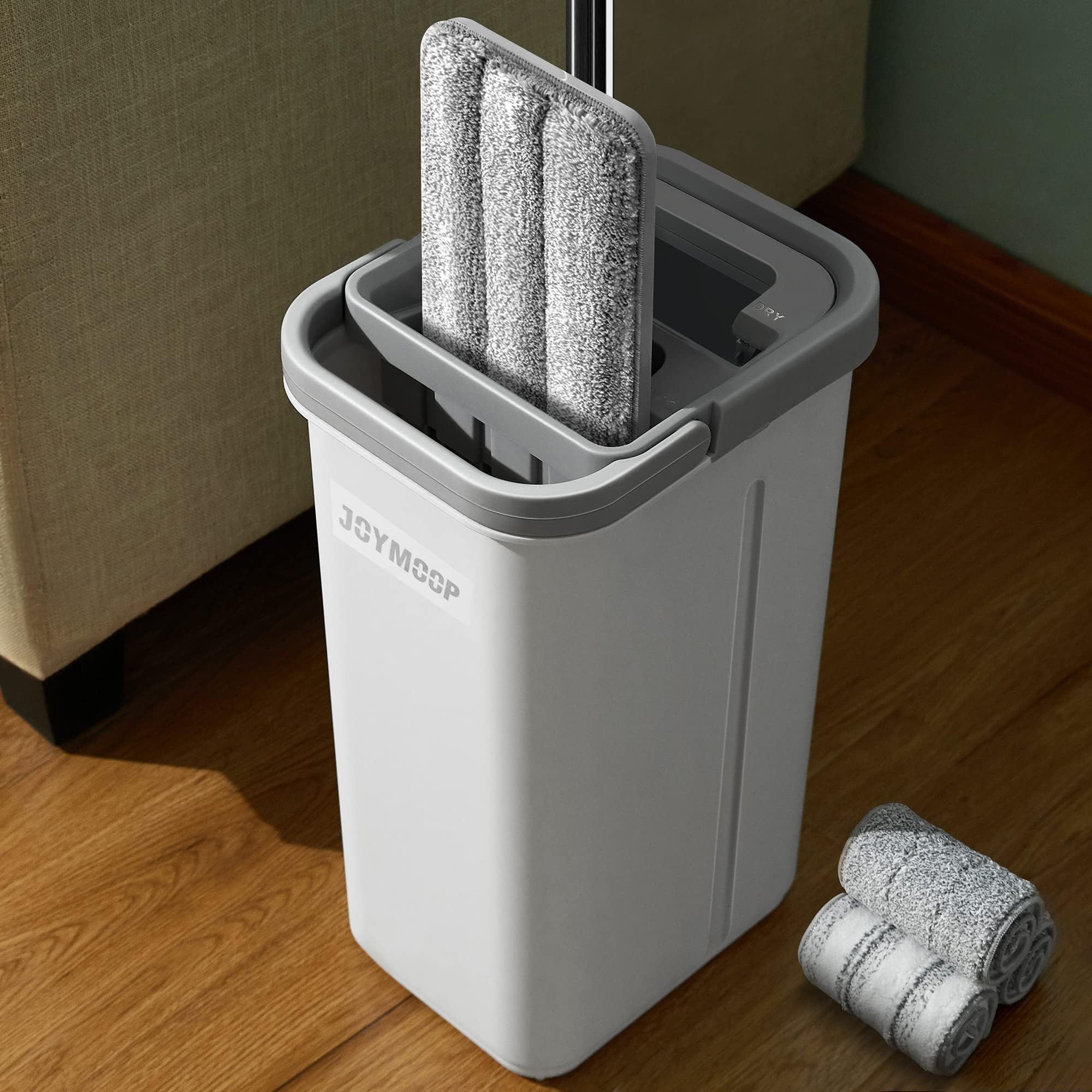 JOYMOOP Mop And Bucket With Wringer Set, Hands Free Flat Floor Mop And Bucket, With 3 Washable Microfiber Pads, Wet And Dry Use, Floor Cleaning System