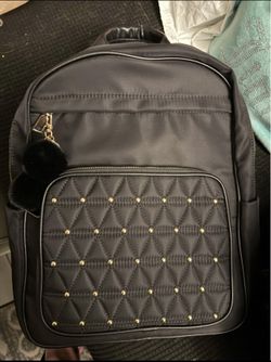 New Becool Black Quilted Backpack Gold Studs Pom Pom