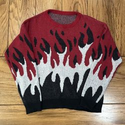 🌹 RED Black White Fire Flames Unisex MEDIUM Long Sleeve Crewneck Crew Dress Work Sweater Pullover
