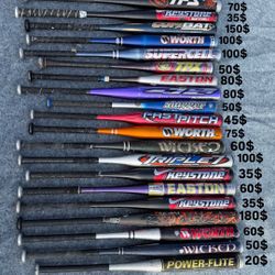 Lot of 21 Baseball & Softball Bats – Easton, Worth, Louisville Slugger, TPS, Wicked, Keystone