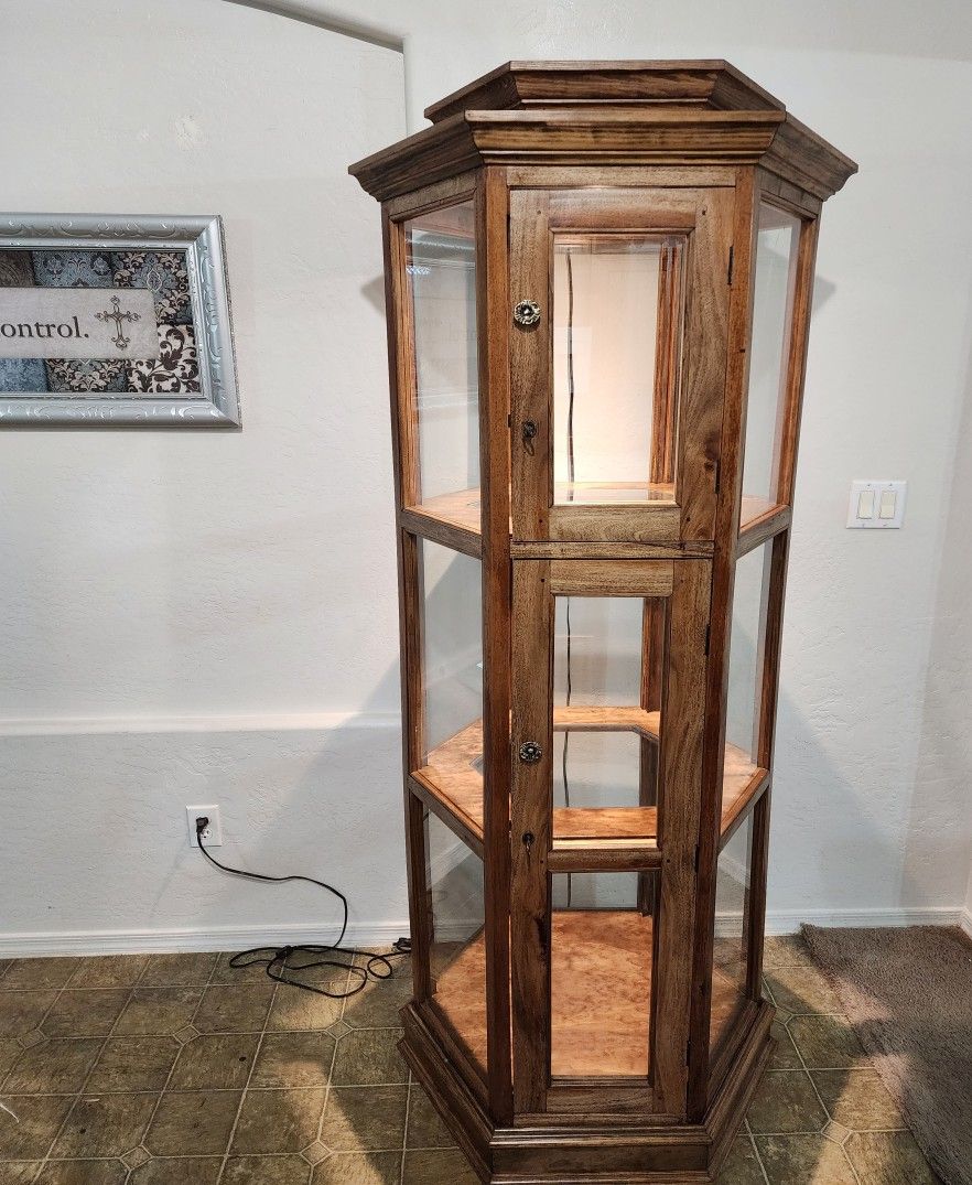 STUNNING Solid PECAN Wood Curio Display Cabinet Hexagon / Sextagon