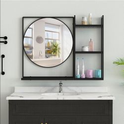 Black Metal Framed Bathroom Mirror with Shelf, 31" X 24.4"