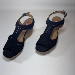 POP  9M Women's Black Cork Wedge Ankle Strap Sandals 