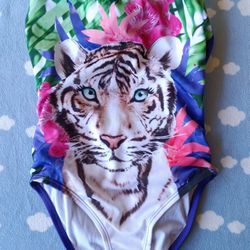 ❤️ GYMBOREE Girls Floral White Tiger Purple Bathingsuit! 🌼 Size: 5-6 🌼 Excellent Condition!
