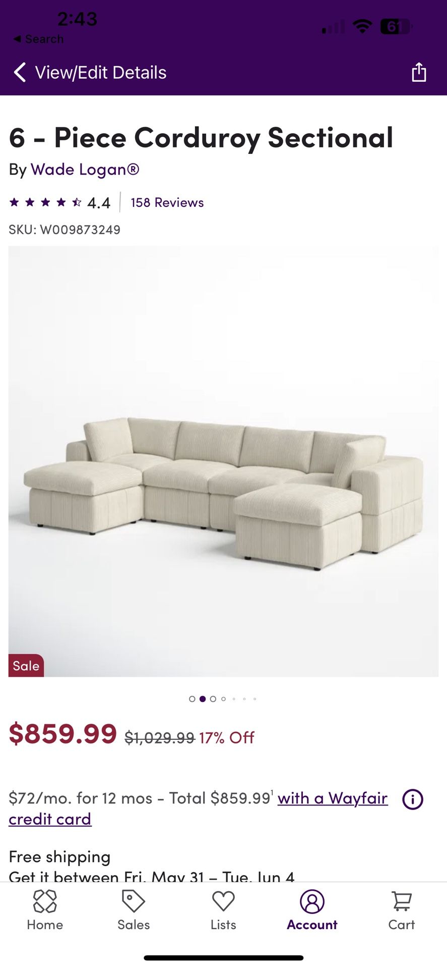 6 - Piece Corduroy Sectional By Wade Logan®
