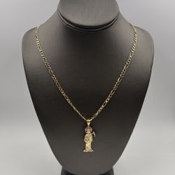 14KT YELLOW GOLD 25” FIGARO LINK CHAIN 13.7GR W/ 14KT YELLOW GOLD SANTA MUERTE CHARM 3.0GR 