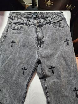 PrettyLittleThing Gray Acid Wash Cross Embroidered Jeans