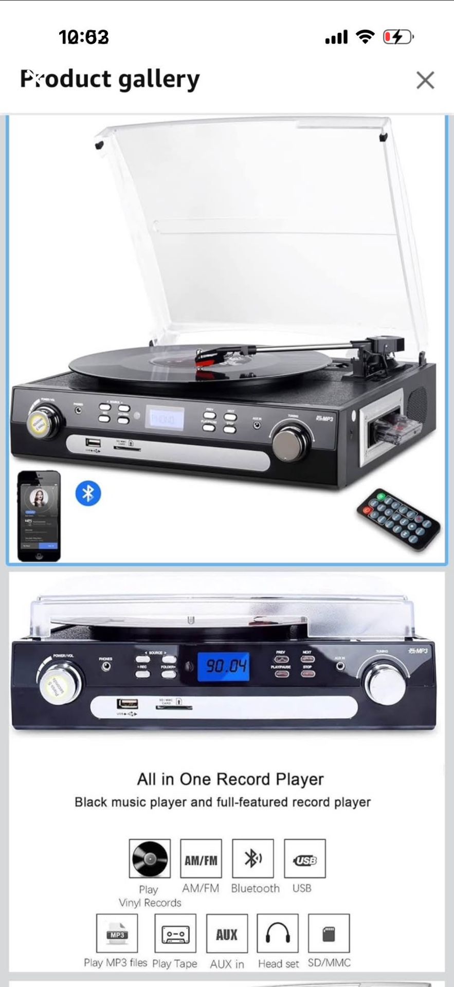 Bluetooth Record Player with Stereo Speakers, Turntable for Vinyl to MP3 with Cassette Play, AM/FM R
