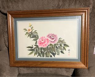 Vintage traditional Chinese brush painting of peonies signed by the artist锦定 (Jinding)