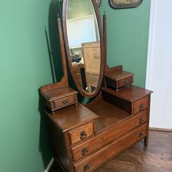 1920’s Solid Oak Vanity With Oval Mirror