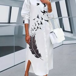Feather Print Simple Dress, Elegant Button Front Long Sleeve Maxi Dress, Women's Clothing