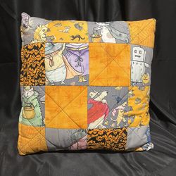 Handmade Halloween Fabric Quilted Soft Throw Pillow, Vintage Fabric Pattern, Gothic 14”x14”