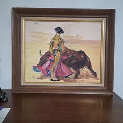 Vintage Original Acrylic or Oil Painting Of A Matador And Bull