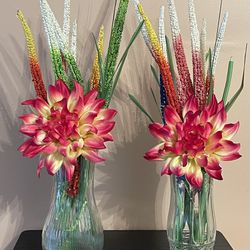 Set of 2 Dahlia Artificial Silk Flower Arrangements with Glass Vase