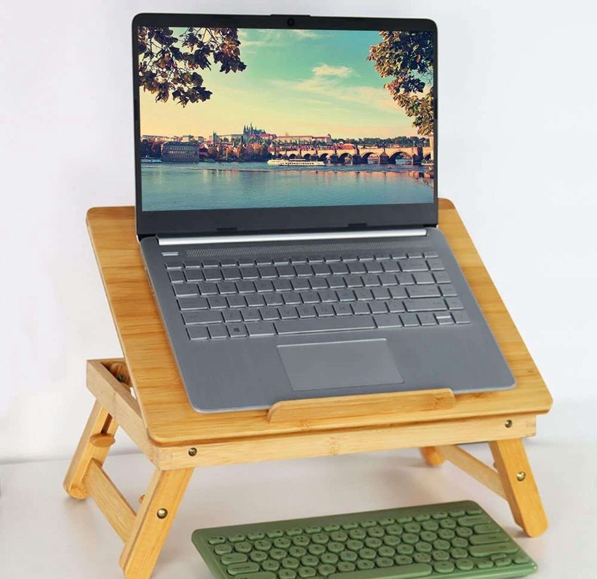 Bamboo Laptop Desk with Folding Legs Tilting Surface Workstation Table Adjustable Laptop Stand Bed Tray for tv Sofa Study Computer Ipad Book (