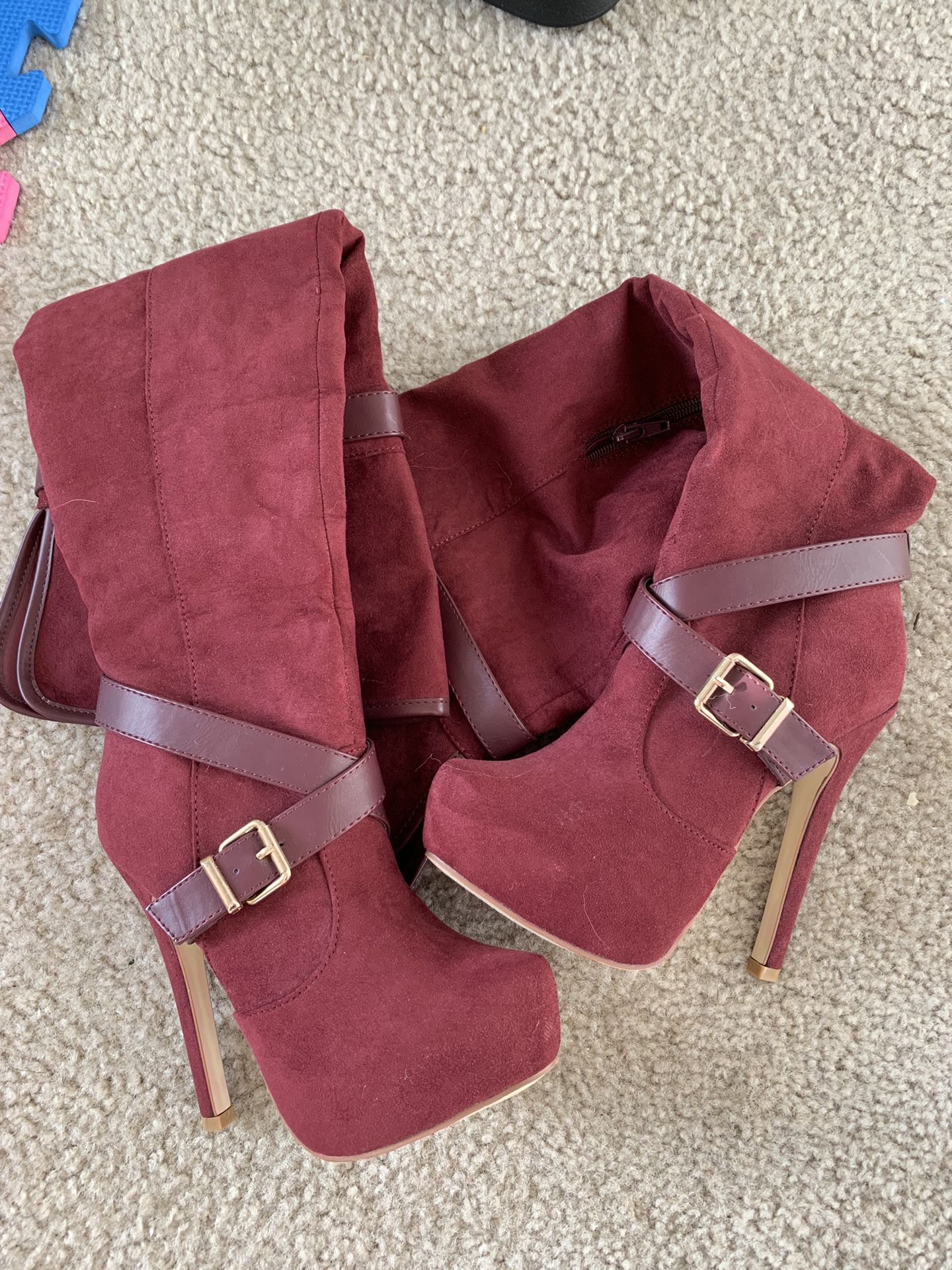 Red thigh high suede boots