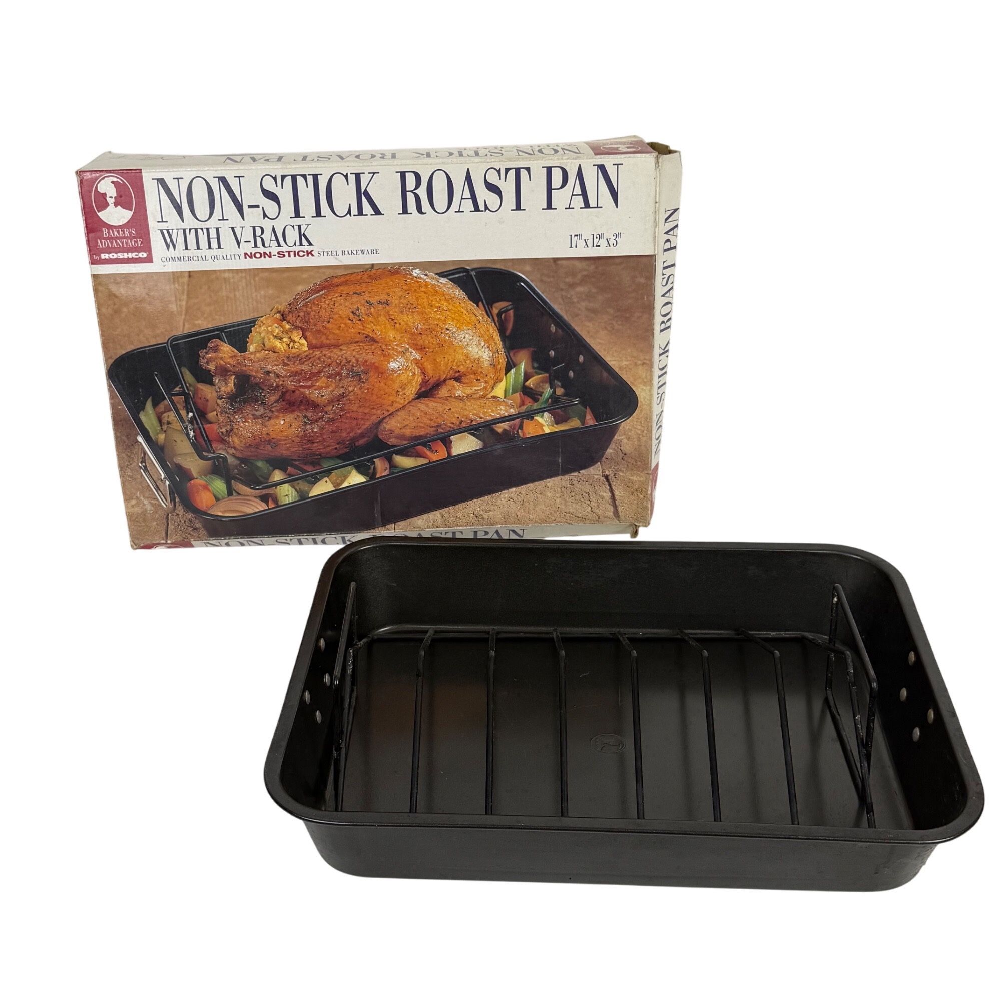 Baker's Advantage Roshco Non-Stick Roasting Pan V-Rack Commercial Quality Steel