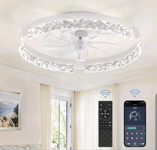 Lediary 20in LED Ceiling Fan White Decorative With Remote 6speed Reverse Timer Dimmable Open Box Like New