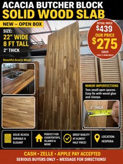 Aquí tienes una versión profesional para Facebook Marketplace: 🔥 ACACIA BUTCHER BLOCK COUNTERTOP – SOLID WOOD 🔥 Brand New Open Box! ✅ Size: 25” W