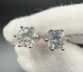 Round Brilliant Cut Moissanite Solitaire Stud Earrings – 6-Prong Setting in White Gold / Sterling Silver (Diamond Tester Approved)
