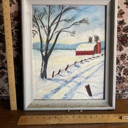 Vintage Oil Painting Red Barn Snow Scene 