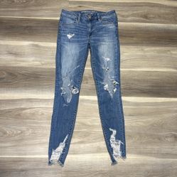 American Eagle Outfitters Women's Distressed Blue high rise jeggings 8 long
