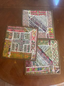Set of 3 Vintage Hand-Embroidered Tablecloths or cushion covers with colorful detailing and beautiful craftsmanship