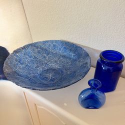 Blue Swirl Decorative Bowl(Pier 1) & Cobalt Glass Vases