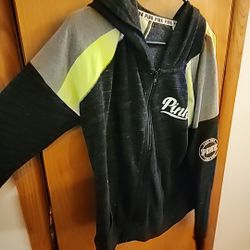 Victorias Secret PINK XS Sweatshirt Hoodie Gray Full Zip Spell Out Heathered