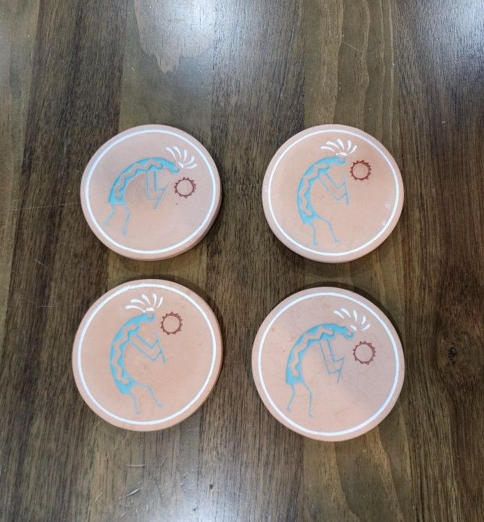 Terra Cotta Clay Coasters Kokopelli Native American Mythology Southwestern Set 4
