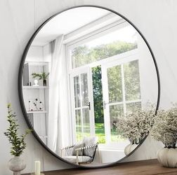 New 42 Inch Round Bathroom Mirror - Black Wall Mounted Circle Mirror with Metal Frame