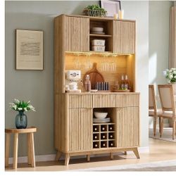 72" Tall Wine Bar Cabinet with Storage Hutch, Modern Wood Fluted Coffee Bar Cabinet with LED Lights and 10 Tier Storage Shelf & 9 Grid Wine Glass Rack