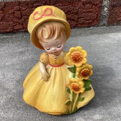 RARE 1970’s Sunflower “Girl Ecology Series”  Figurine Ceramic Josef Originals Muriel Joseph Designed