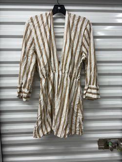 ZARA Womens Beige White Striped V-Neck 3/4 Sleeve Tie Waist Romper L