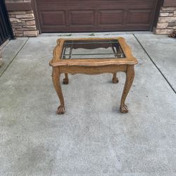 Light Oak Carved End Table with Glass Insert