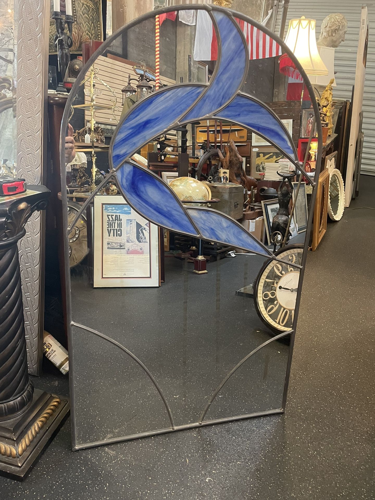1973 Carvers Guild Leaded Stain Glass Wall Mirror by Anita Fitzgerald