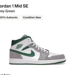 Air Jordan 1 Mid Green Grey Sz 12