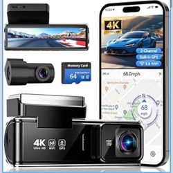 4K Dual Dash Cam Front and Rear, 2 Channel Car Camera with Built-in GPS 5.8GHz WiFi, 3.5" IPS Screen, 64GB Card Included, 170° Wide Angle, Night Visio