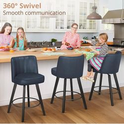 LUE BONA 360-degree Swivel Bar Stools Set of 3, 26" Counter Height Bar Stools with High Back and Wood Legs, Morden Faux Leather Upholstered Barstools 