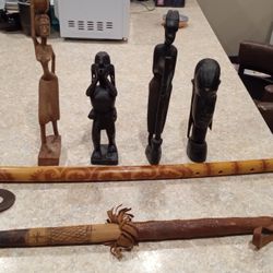 African Wooden Sculpture And Battle Ax And Flute 