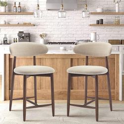 Counter Height Bar Stools Set of 2, Kitchen Bar Stools with Back, Mid Century Modern Upholstered, with Wood Legs for Kitchen Island Dining Room, Beige