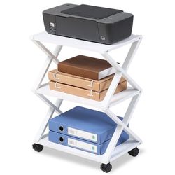 FITUEYES Mobile Printer Stand 3 Tiers Wood/Metal Desk Organizer Storage Book Shelf with Skid Pads for Home and Office, White, DO304505WW