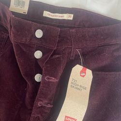 Women’s Size 30, Levi’s 721 High-Rise Skinny Jeans, Corduroy Merlot Color