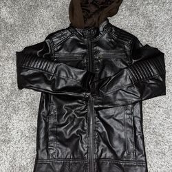 Urban Republic Boys Black Faux Leather Motorcycle Jacket Hooded Zip Size 14 /16