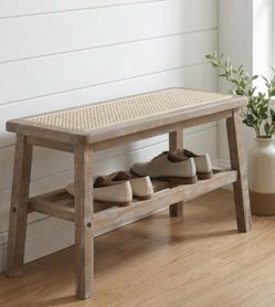 Wooden Entryway Bench with Rattan Seat and Shoe Storage Rack - Rustic